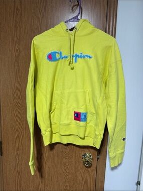 Champion Neon Yellow Hoodie with Blue Script Logo